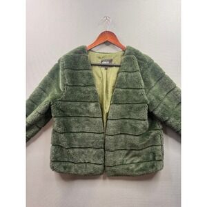 Star Style Womens Faux Fur Jacket Green Open Front Tiered Ribbed Size M